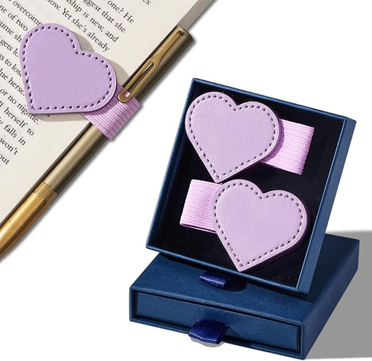 2Pcs Magnetic Leather Bookmarks with Gift Box Heart-Shaped Magnetic Pen Holder Book Marks Clip Gift for Book Lover Readers Cute Bookmark for Women, Purple