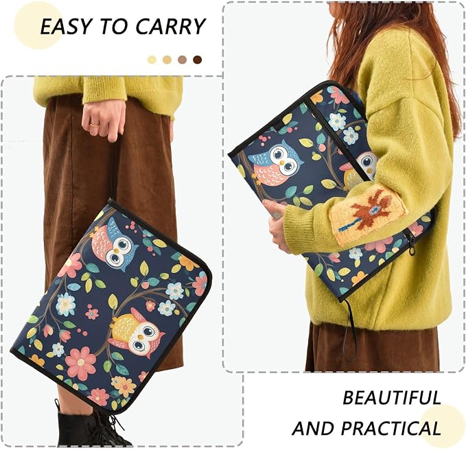 Colorful Owls Expanding File Folder with Sticky Labels, 13 Pockets Accordion File Folder Document Organizer Expandable Zip File Folder with Zipper Closure