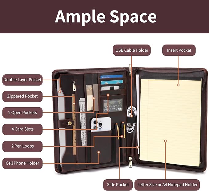 Personalized Genuine Leather Portfolio for Women and Men, Custom Engraved 8.5 x 11 Legal Padfolio, Zippered Notebook Laptop Organizer, Business Executive Folio for Work, Dark Brown, Oil Tanned