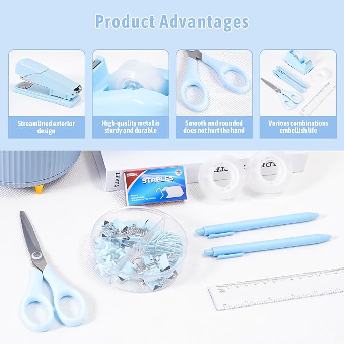 Gawsey Blue Desk Organizers and Accessories with Desk Organizer 360° Rotating Pen Holder and Office Supplies, Cute Stationery Supplies Set