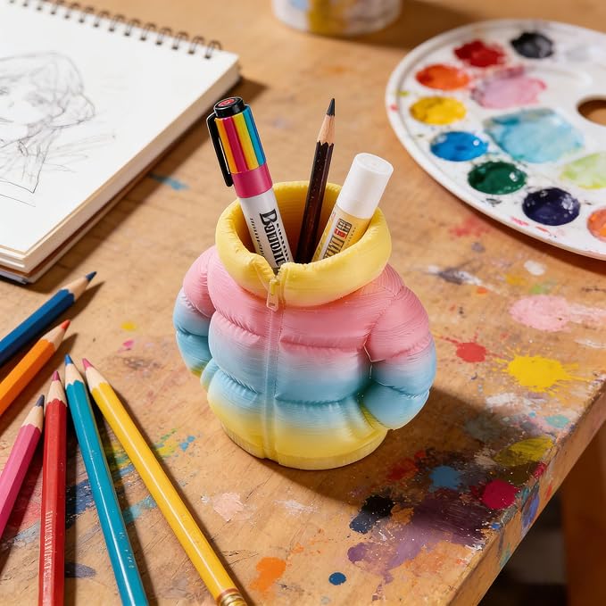 YOKUSHI Down Jacket Pen Holder, 3D Printed Funny Puffer Jacket Pencil Holder, Creative Desk Organizer for Office Supplies, Cute Unique Stationery Holder for Desk, Quirky Gift for Women Men (Colored)