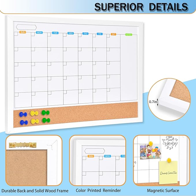 Monthly Whiteboard Calendar with Cork Board for Wall, 17"x13",Magnetic Dry Erase Board with White Wood Framed,2-1 Wall Planner Whiteboard,Bulletin Board with Pins for Home,School,Office