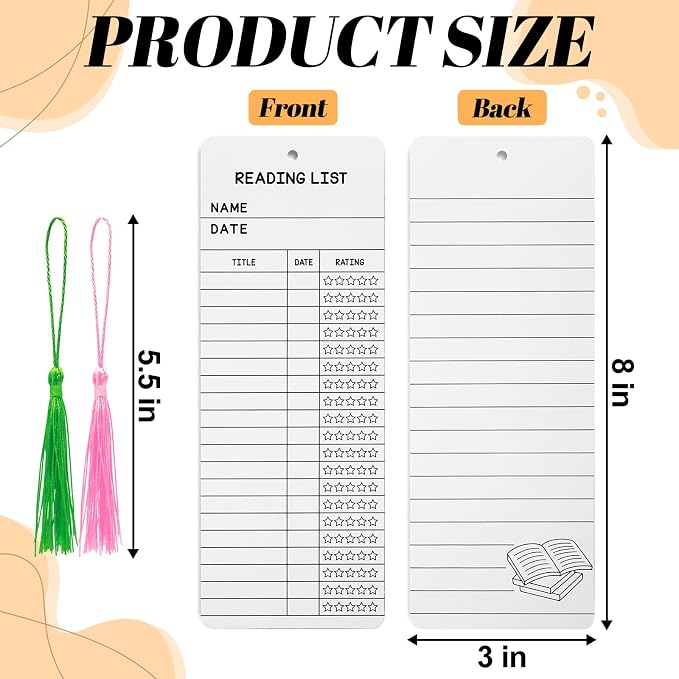 DSYIL 100 Sets Reading List Bookmarks with Tassels - 3x8 Library Card Book Marks Bulk, Cardstock Reading Log and Book Tracker for Book Lovers, Book Clubs & Back-to-School Supplies (White)