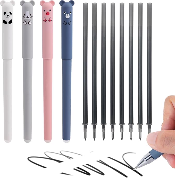 RIANCY 0.5mm Erasable Gel Pens,12 Pack Cute Cartoon Animal Rollerball Gel Ink Pens Refillable Pens for Adult Writing Calligraphy Note Taking (Refill Black)