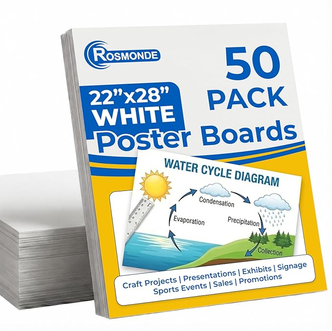 Rosmonde Large Size 22"x28" Poster Boards, White 50 Sheets Bulk Pack, Extra Thick Heavyduty Science Fair Presentation Boards, Bulk Poster Boards for Art Display, DIY, School Projects, Crafts & Drawing