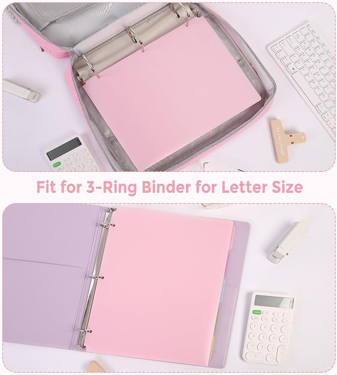 Plastic Pocket Folders，2 Pockets and 3 Dividers, Letter Size – Fits 3-Ring Binders – School Folders for Students & Office Use – Pink & Purple