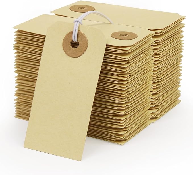 Manila Paper Tags with Elastic String - Coideal 200 Pcs Small Hang Price Tags Attached Reinforced Hole, Blank Marking Shipping Label for Hanging Gift Clothing Jewelry (2 3/4" x 1 3/8")