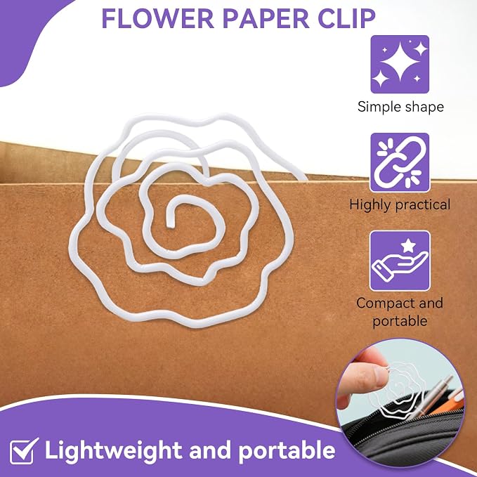 Flower Shaped Paper Clips, 100PCS Floral Paper Clips White Rose Shape Paperclips Decorative Paperclips Bookmarks with Box for Office Home School Supplies