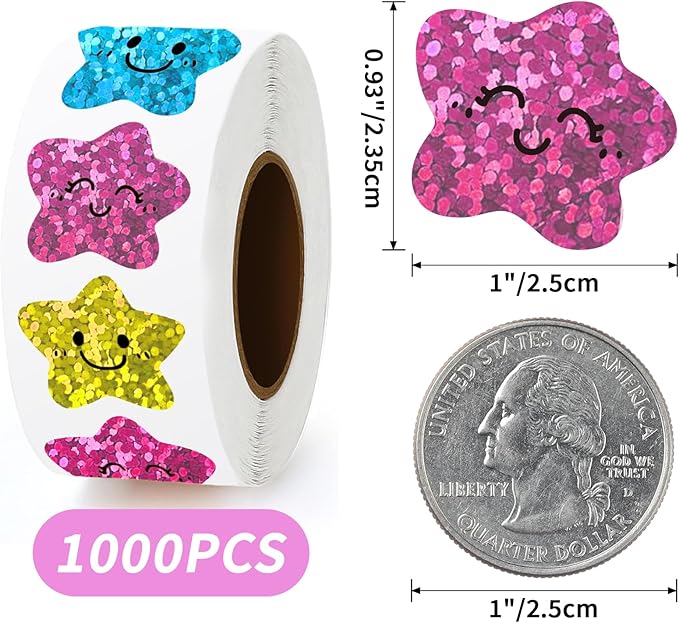 1000Pcs Smiley Face Star Stickers - 1 Inch Cute Glitter Reward Stickers, 8 Colors Sparkly Foil Decals for Kids Behavior, Toddler Potty Training, Teacher Supplies & Journals