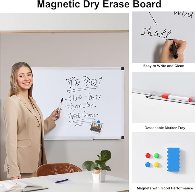 OLIXIS 30" x 40" Magnetic White Board, Dry Erase Board for Wall, Whiteboard with 1 Dry Eraser & 2 Multicolor Markers & 4 Magnetic Pins, Aluminium Frame for Home, School, Office, White