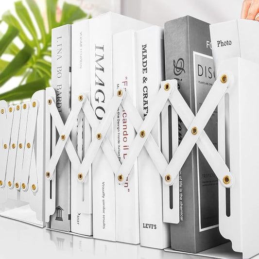 2PCS Carooyac Heavy Duty Bookends to Hold Books - Adjustable Metal Bookends for Shelves - White Book Holders - Extends up to 19