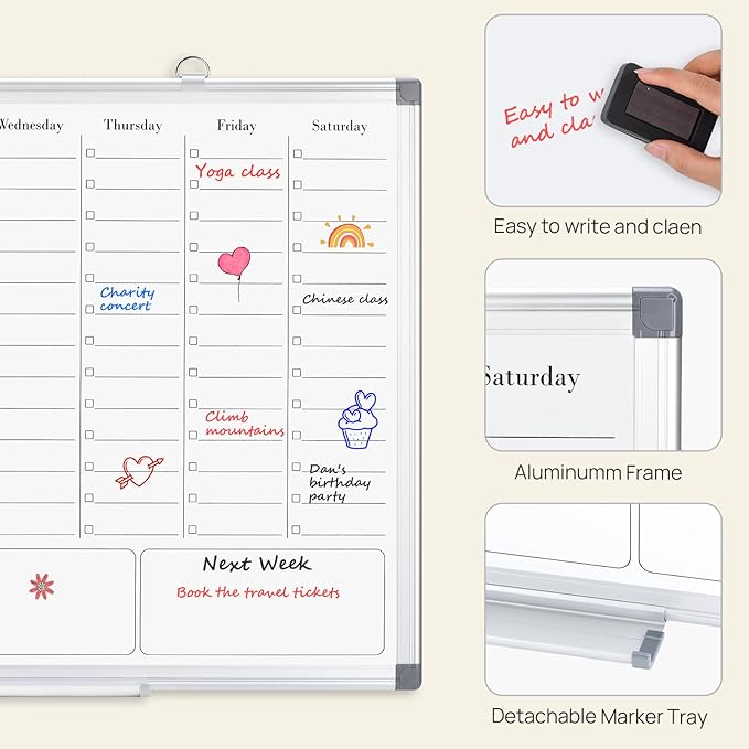 ONAVIA Weekly Calendar Dry Erase Board for Wall, Hanging 24"×18" Double-Sided Magnetic White Board, Hanging Whiteboard for Planning, Drawing, Memo, to Do List, School, Home, Kitchen, Office