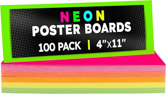Hygloss Small Poster Board 4x11 - 100 Assorted Neon Color Bulk Pack - 10 Pt. Thickness Colored Poster Board Paper for Projects, Flash Cards, Signs - Posterboard Multipack 4" x 11"