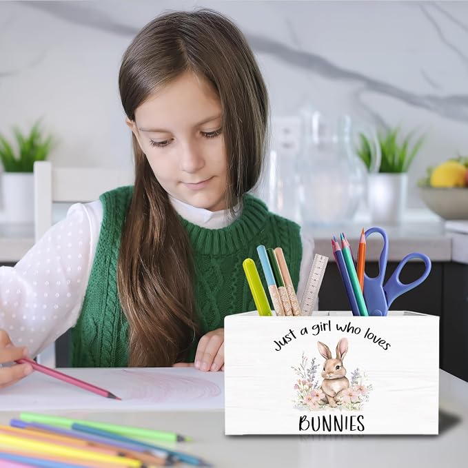 Floral Bunny Pen Holder for Desk, Rabbit Bunny Lovers Gifts Pencil Organizer, Just a Girl Who Loves Bunnies Wooden Box Sign Desk Decor for Home Office Decoration