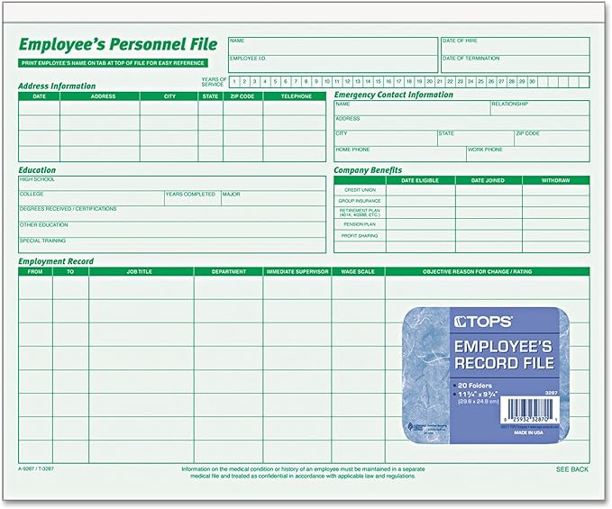 TOPS 3287 Employee Record File Folders, Straight Cut, Letter, 2-Sided, Green Ink (Pack of 20)