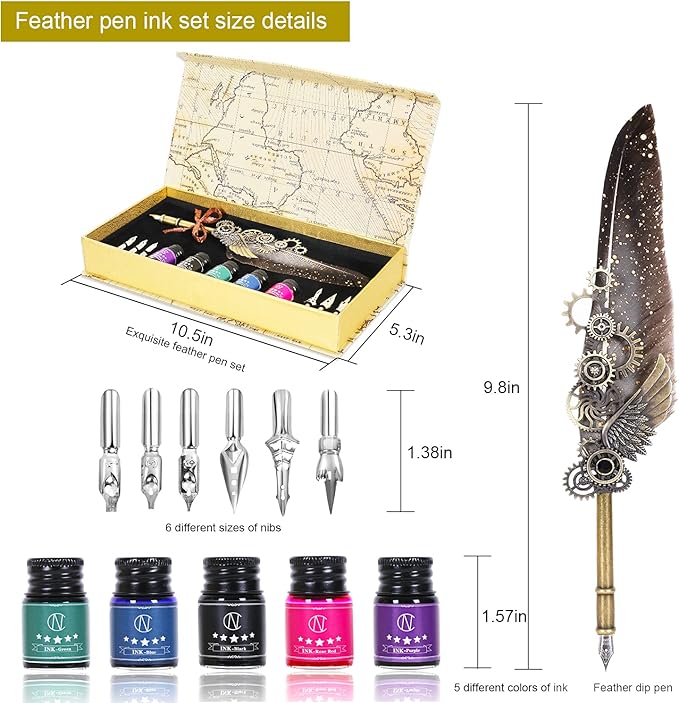 NC Feather Quill Pen Set - Includes 5 Ink Bottles, 6 Nibs, Mechanical Quill Pen for Calligraphy, Writing Letters, Signing, Invitations Etc (Grey)