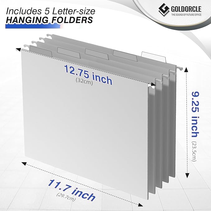 Hanging File Organizer, Letter-Size File Holder Filing Box with 5 Hanging Folders, Metal Mesh Desk File Folder Storage(No Assembly Required) (Blue, with 5 Grey Folders)