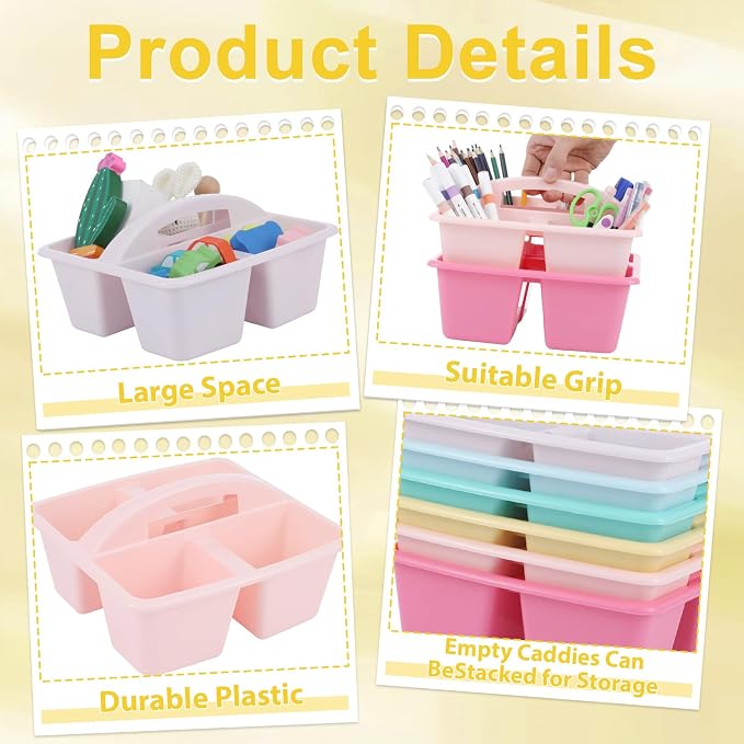 6 Pack Assorted Colors Classrooms Caddy 4 Compartment Classroom Caddy Compartment Caddies Set Table Caddies Classrooms with Handle for Classroom Organization Table Desk Office Supplies(Pink Purple)