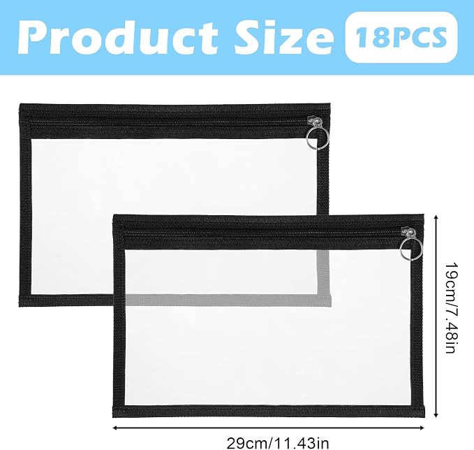18 Pcs Clear Zipper Pouches Pencil Pouches PVC Makeup Pouch Envelopes Folder Storage Multi Purpose Pouch Document File Organization Bags, Office Supplies (11.5 x 7 Inches) ﻿