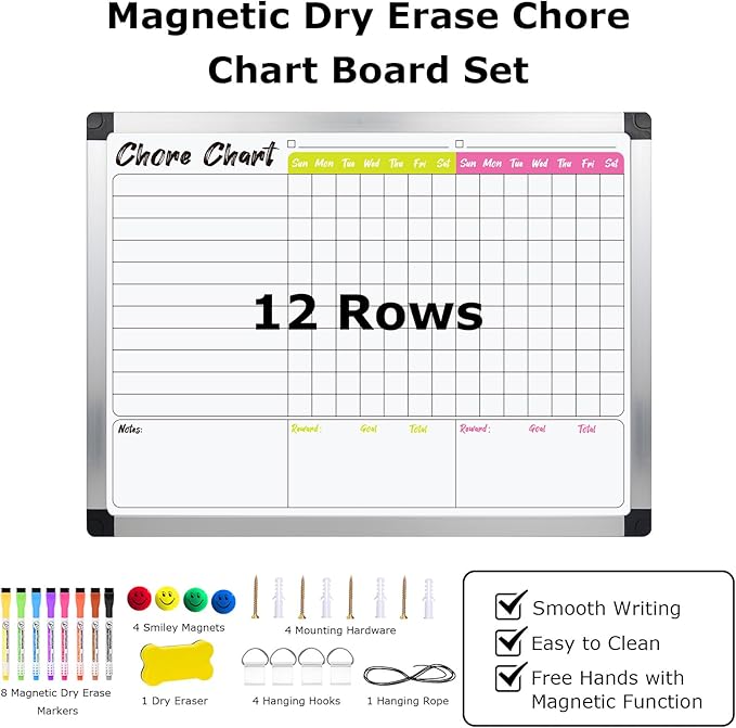 EAONE 16 x 12 in Magnetic Dry Erase Chore Chart & Whiteboard for Multiple Kids/Teens/Adults, Aluminum Frame Double Sided Chore Board Weekly Calendar for Wall, with 8 Markers, 4 Magnets, 1 Eraser