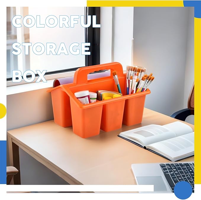 Haundry Classroom Caddy Storage Basket with Handle, 6 Pack Plastic Arts Office Crafts Caddy 4 Compartments for Kids, Pencil, Crayon, Marker, School Supplies, 6 Colors