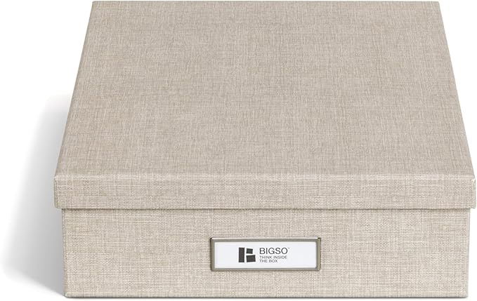 Bigso Oskar Fiberboard Label Frame Document Letter Box for Important Paperwork A4 or Letter Size - Durable Keepsake Box with Lid and Metal Label Holder - 3.3in x 10.2in x 13.8in - Melange Beige