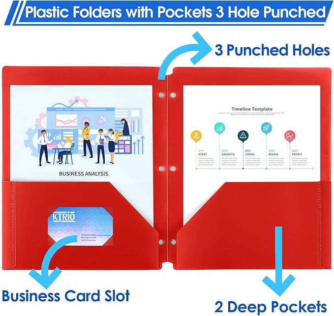 KTRIO 12 Pack Plastic Pocket Folders, 3 Hole, Letter Size, 6 Assorted Color | 3 Hole Punched, 2 Pocket Storage, Water-Resistant PP, Business Card Slot, 6 Assorted Colors