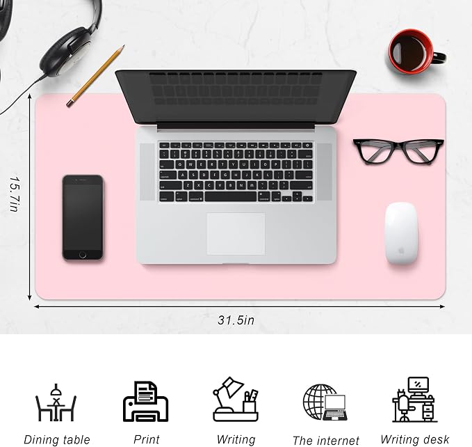 CADONO Leather Desk Pad Protector, Non-Slip PU Leather Large Mouse Pad, Easy Clean Desk Protector Mat, Writing Pad for Office/Home/Decor (Pink, 31.5" x 15.7")