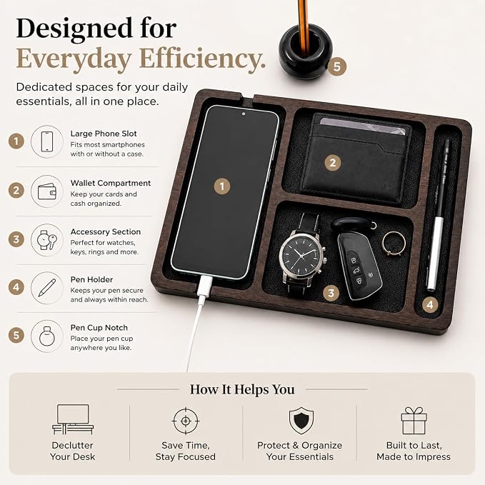 Desk Organizer Tray for Men with Ceramic Pen Holder, Wooden Valet Tray, Minimalist EDC Desk Organizer for Phone, Wallet, & Keys, Nightstand Bedside, Entryway, Birthday Gift for Men, Dad, Husband
