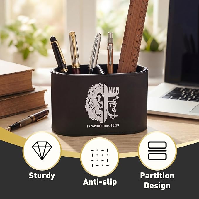 Dunzoom Gift for Father's Day Christian PU Leather Pen Holder for Desk, Bible Verse Pencil Cup Organizer, Religious Gift for Men, Pastor, Dad, Office Decor(Man of Faith)