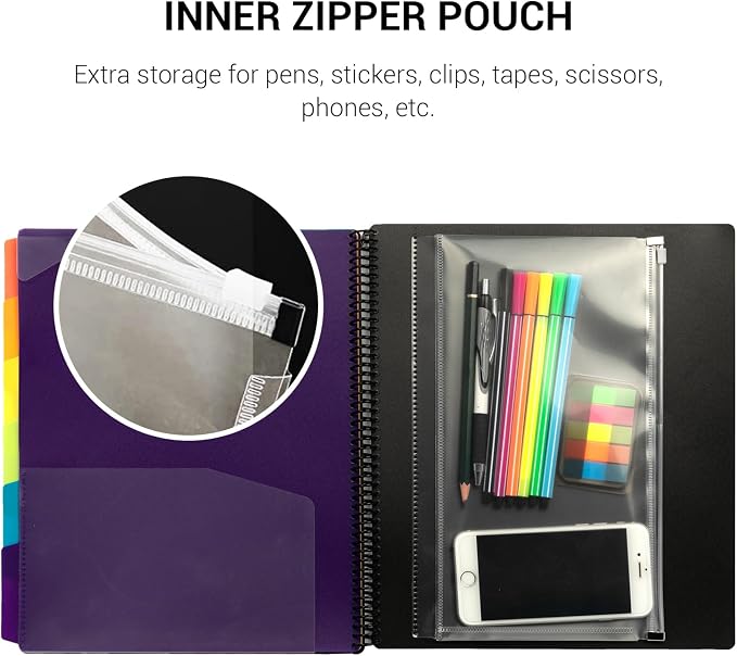 Mukawa 12 Pocket Poly Project Organizer, Spiral Project Folder Multi Pocket Folder Binder Letter Size, Back Cover Utility Pouch, 1/6 Cut Tabs, 6 Tab Color Dividers (Pack of 3)