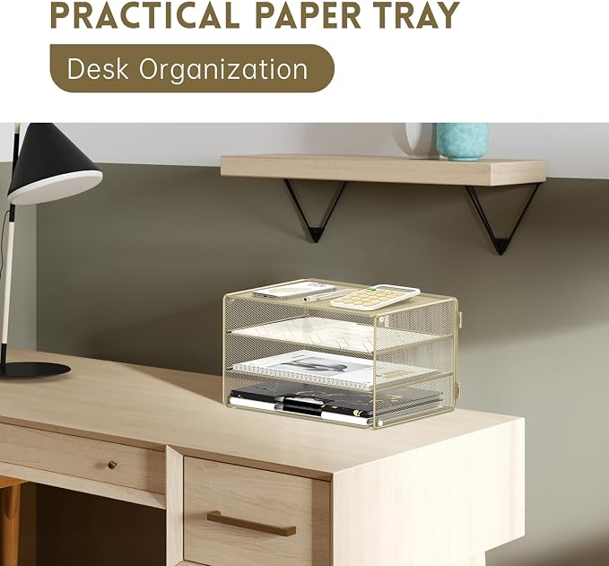 DALTACK 3 Tier Letter Tray Paper Organizer for Desk, Mesh Metal Desk File Organizer with Sliding Trays for Letter/A4 Paper, Mail, Bills & Folders, Yellow