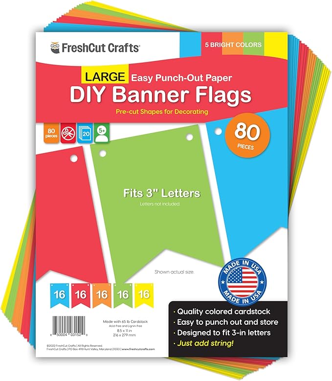 80 pcs Paper DIY Banner Flags Bright Pennant Banners, Large (3.75 x 5 in), US Made Card Stock Punch Out Blank Pennants for Party Decorations, Kids Birthdays, Classroom, Celebration, Festive Parties