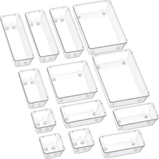 Clear Acrylic Drawer Organizer Trays, 5 Size Junk Box Organization Small Storage Container Bin for Desk Makeup Bathroom Vanity Kitchen Tool Make Up Workspace Home Dorm Apartment Office Room Nightstand