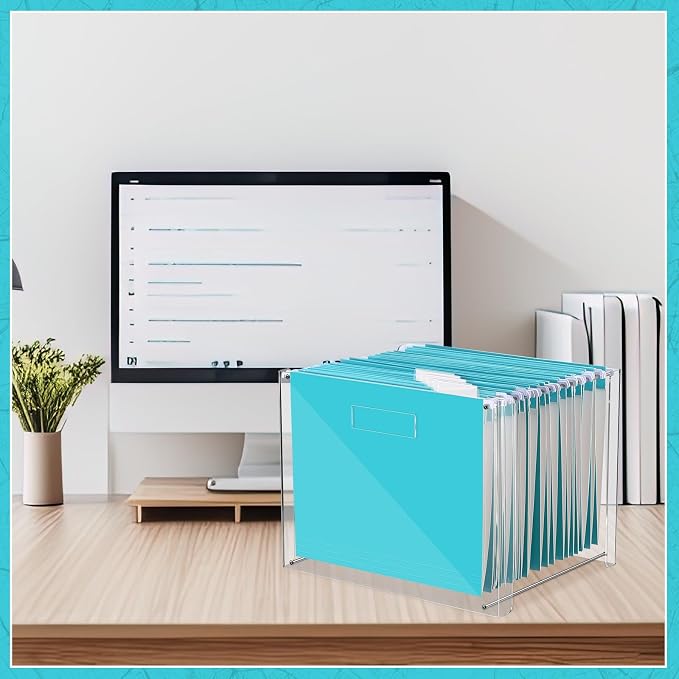 Dispowreath 24 Hanging File Folder with Acrylic Organizer for Letter/a4 Size Desktop Clear File Storage Box with Handles for Home Work Office Use(Blue,Classic)