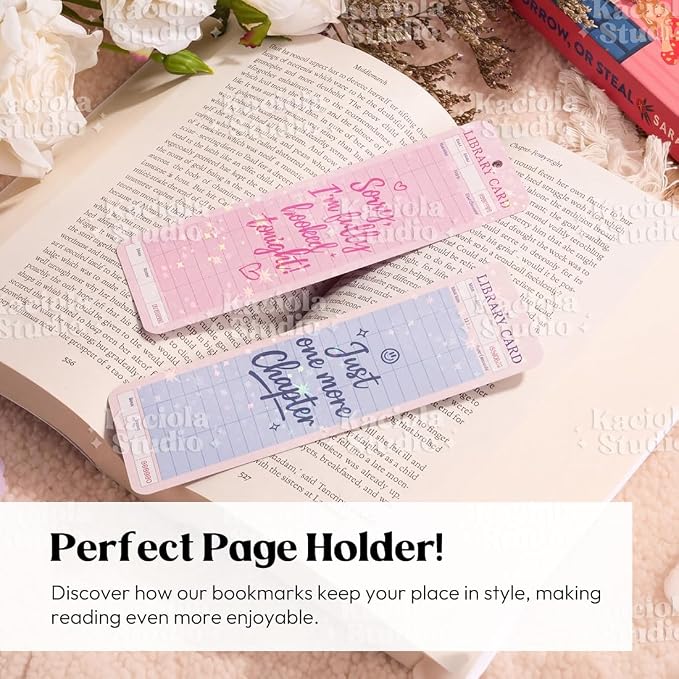 KACIOLA STUDIO 16PCS Library Card Glitter Bookmarks, Funny Bookmarks for Women, Double Sided Bookmark Bulk Booklover Gifts, Book Accessories for Reading Bookclub Party Favors