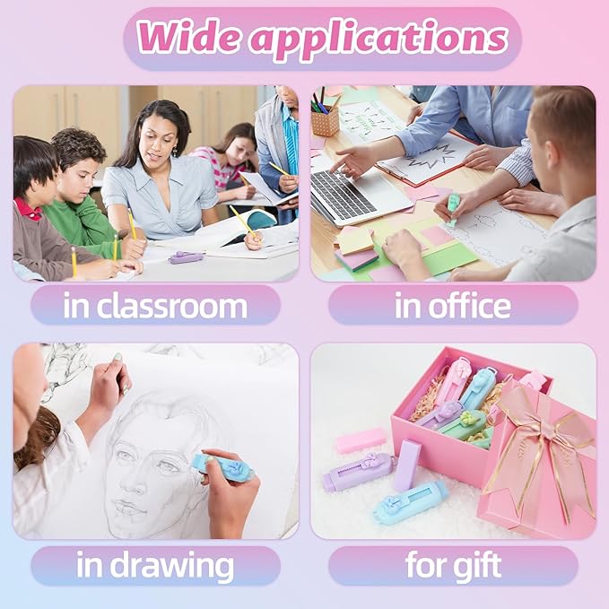 CEYAZYE 12PCS Sliding Retractable Pencil Erasers, Cute Push-Pull Rubber Eraser with 8 Plastic Sleeve & 4 Refills, Expandable Pen Eraser, Home School Supplies for Students Artists