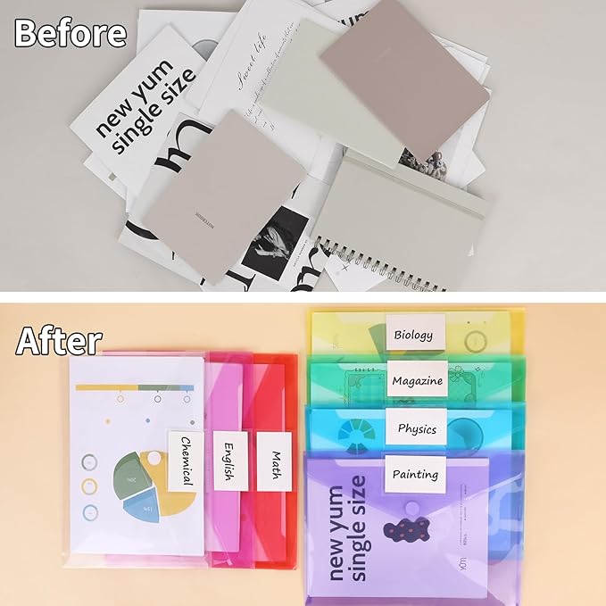 EOOUT 7pcs Plastic Envelopes Poly Envelopes, Clear Document File Folders with Hook & Loop Closure, A4 Size with Label Pocket for School Home Work Office Organization