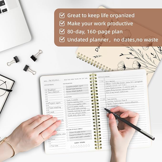 Undated Daily Planner - Spiral Notebook 80 Days One Day Per Page, Hourly Schedule, To-Do List, Notes, Everyday Planning Task, A5 Hardcover Journal Organizer Book Women Cute, White Flower