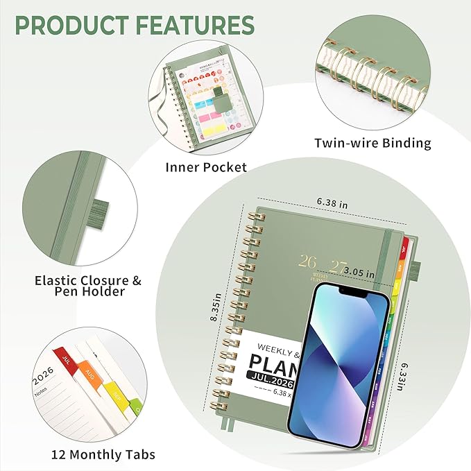 EMSHOI Academic Planner 2026-2027, Weekly and Monthly Calendar (July 2026 - June 2027), School Student Teacher Agenda Book, 100GSM Paper, PVC Cover, Colorful Tabs, A5 (6.38" x 8.35"), Light Green