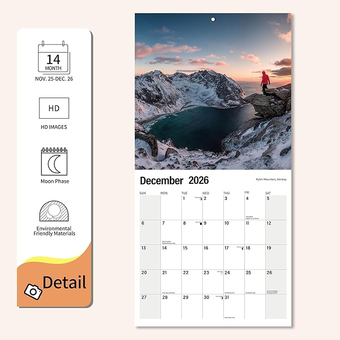 Wall Calendar 2026 Planner Calendar - Hiker Hangable Monthly Wall Calendar with Large Blocks for Organizing & Planning, Academic Schedule, Home, Office & family, Thick & Sturdy Paper (12"x24" Open)