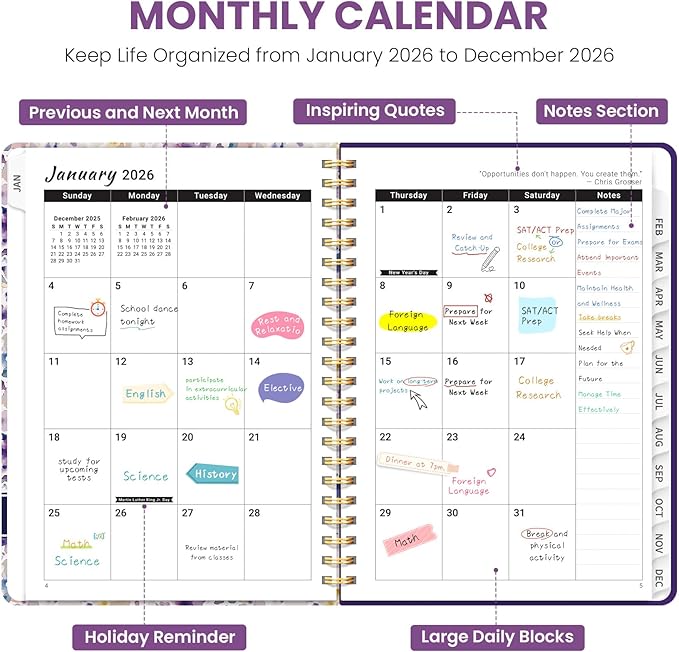 2026 Planner, Weekly and Monthly Planner for Women, Jan 2026 - Dec 2026 Pretty 2026 Calendar Planner with Monthly Tabs, Inner Pocket, Spiral Binding, Perfect for Office Home School - 6.3" x 8.5", Purple Blocks