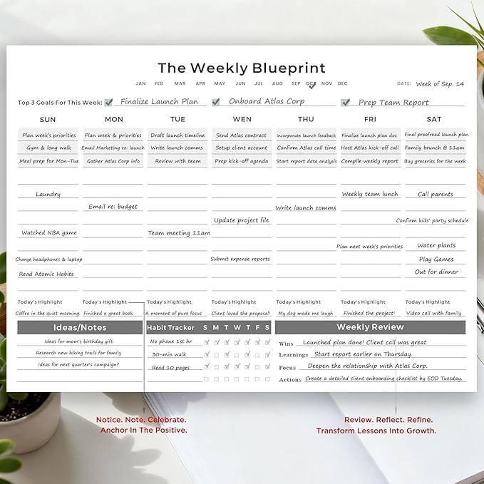 Undated Weekly Organizer & To Do List Notepad - Minimalist A4 52-Sheet Desk Planner for Work School & Family, ADHD Friendly Calendar for Deep Focus & Goal Tracking