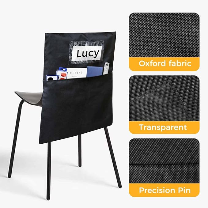 12 PCS Chair Pockets for Classrooms,19.5"x16.5" Seat Sacks for Classroom Chairs K-2, Classroom Student Chair Pockets for Kindergarten, Classroom,School, and Home Seating Storage，Black.