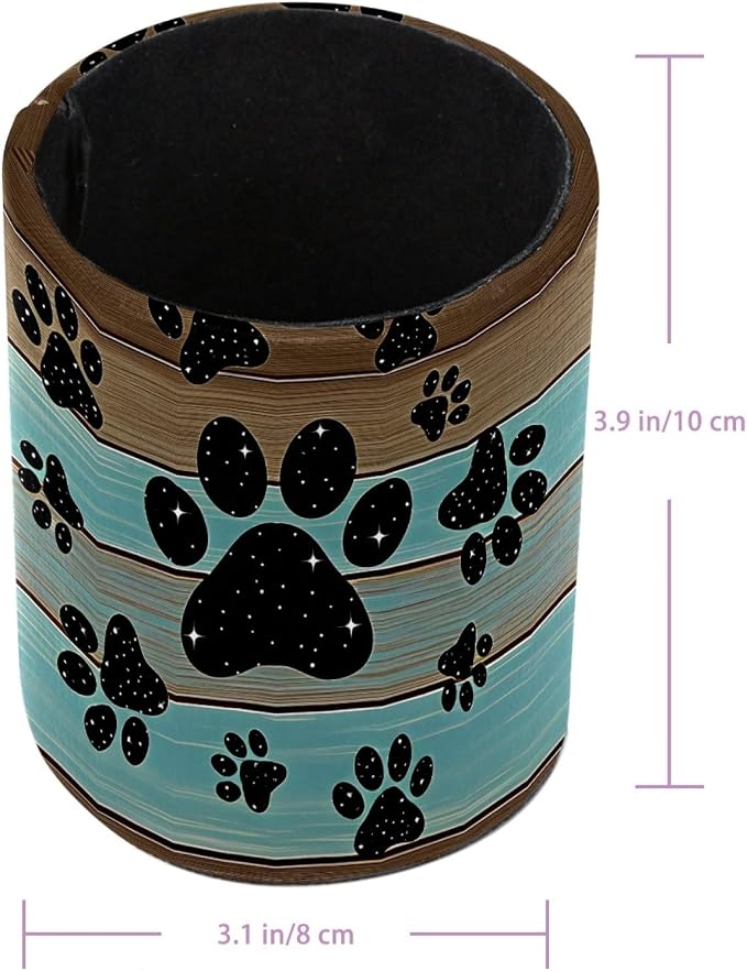 Teal Brown Wood Grain Galaxy Paws Pen Holder Pencil Organizer Cute Pencil Cup Desk Decor Makeup Brush Holder PU Multifunctional Office Supplies for Home Classroom School