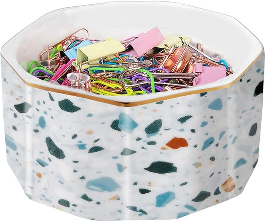 Ceramic Paper Clip Holder Gold Line Paper Clip Dispenser Organizer for Desk Cute Terrazzo Marble Pattern Office Binder Clip Holder Bobby Pin and Hair Clip Holder Gift for Office Blue