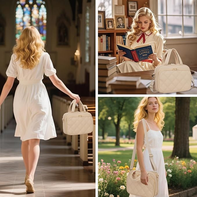 Large Bible Cover for Women,2 Compartments Bible Carrying Case With Handles Shoulder Strap, Soft Puffy Quilted Bible Bags With Book Cover Organizer, Bible Tote For Church Study Supplies Accessories