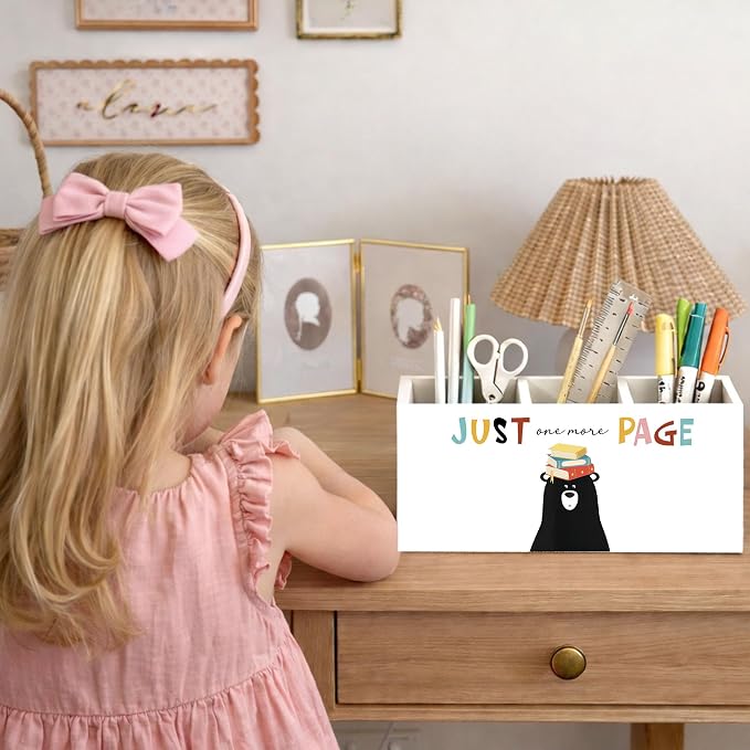 Just One More Page Black Bear 3-Compartment Desk Organizer, Wooden Pencil Holder for Pens, Pencils, Scissors & Rulers, Cute Reading Theme for Home, Kids, Office