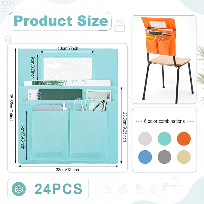 Remagr 24 Pcs Chair Pockets for Classroom Chairs, 14" x 13" Chairs Sacks with Name Tags for Chairback, Multi Pockets Storage Bags Chair Organizer for Kindergarten Elementary School (Pastel Colors)