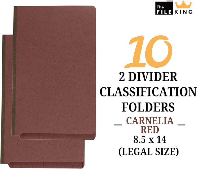 The File King Classification Folders 2 Dividers Legal Size - 10 Pack, Brick Red Pressboard | End Tab Legal File Folders with Prongs | Made in America | 2" Expansion for Shelf Filing | 6 Fasteners